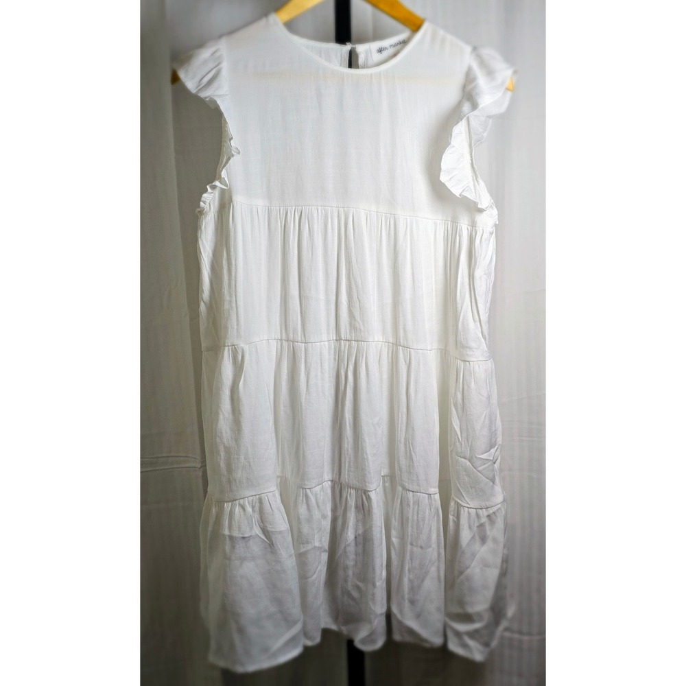 After Market Women S White Flutter Sleeve Ruffle Tiered Mini Dress Keyhole Lined